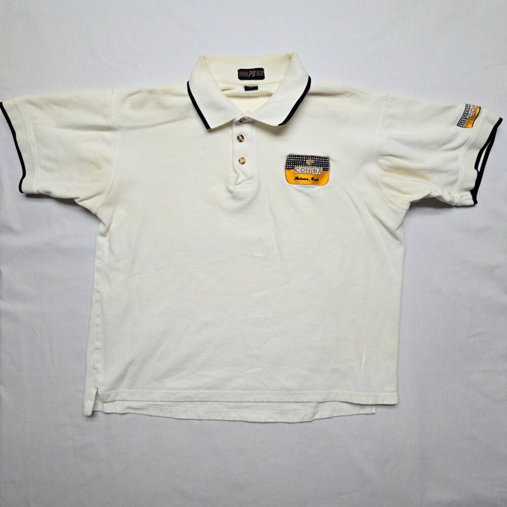 Vintage Cohiba Polo Shirt Embroidered Logo White Pacific Blue Mens XL 90s